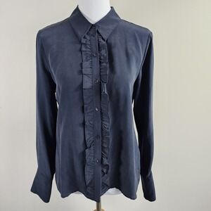Ecru Ruffle Blouse Womens Small Navy Blue Viscose Wool Long Sleeve Dark Academia